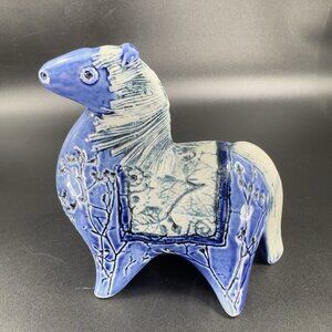 Vintage Tenmoku Pottery Horse Malaysia Handicraft Blue Textured Original Sticker